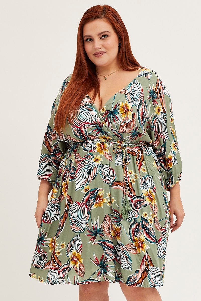 Trop Print Skater Dress V-neck Batwing Sleeve - Image 3