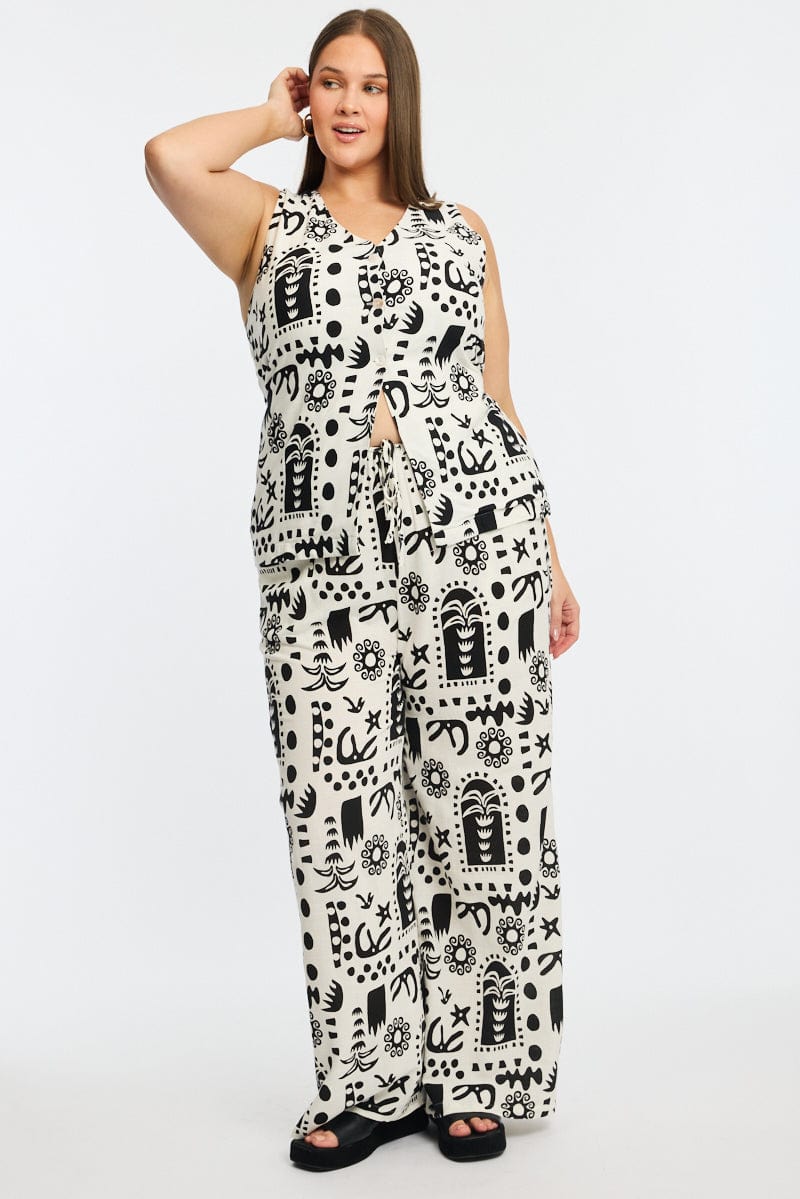 White Abstract Elastic Waist Linen Blend Wide Leg Pants - Image 2