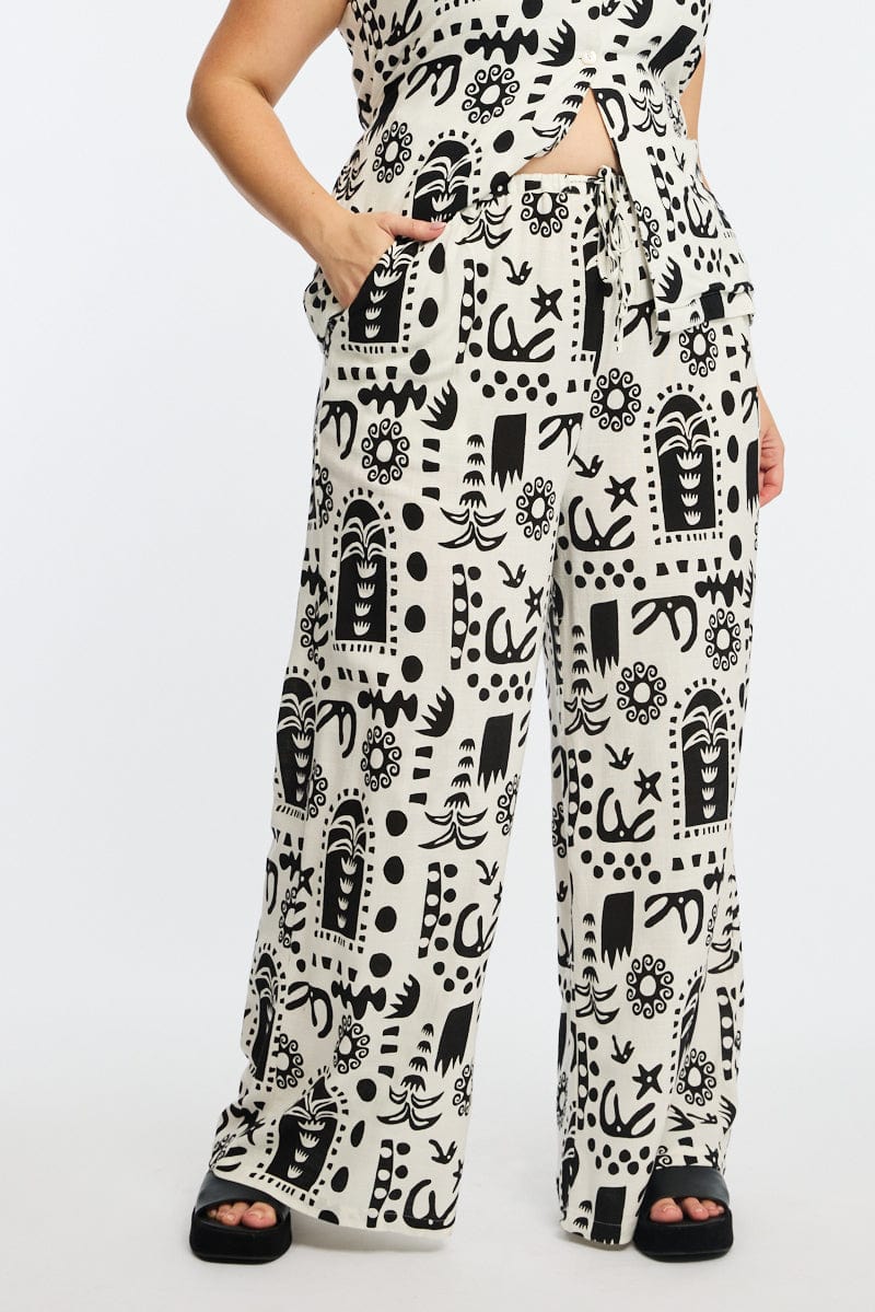 White Abstract Elastic Waist Linen Blend Wide Leg Pants - Image 3