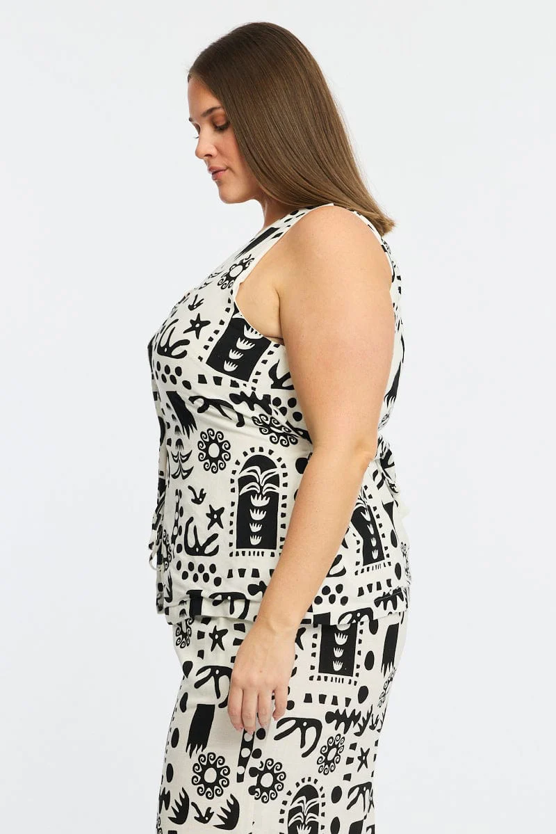 White Abstract Longline Vest V-neck - Image 4