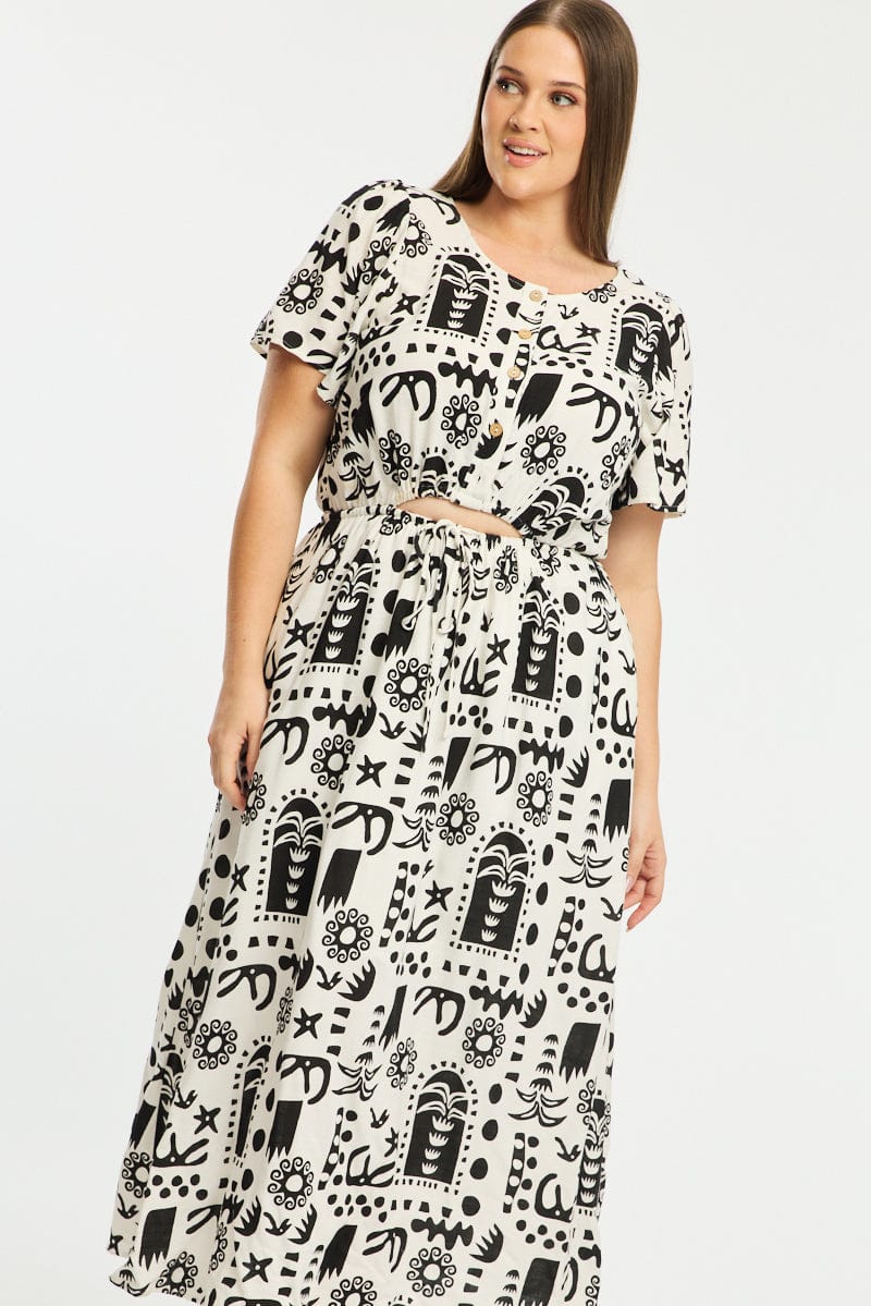 White Abstract Midi Dress Short Sleeve Cut Out Linen Blend - Image 3
