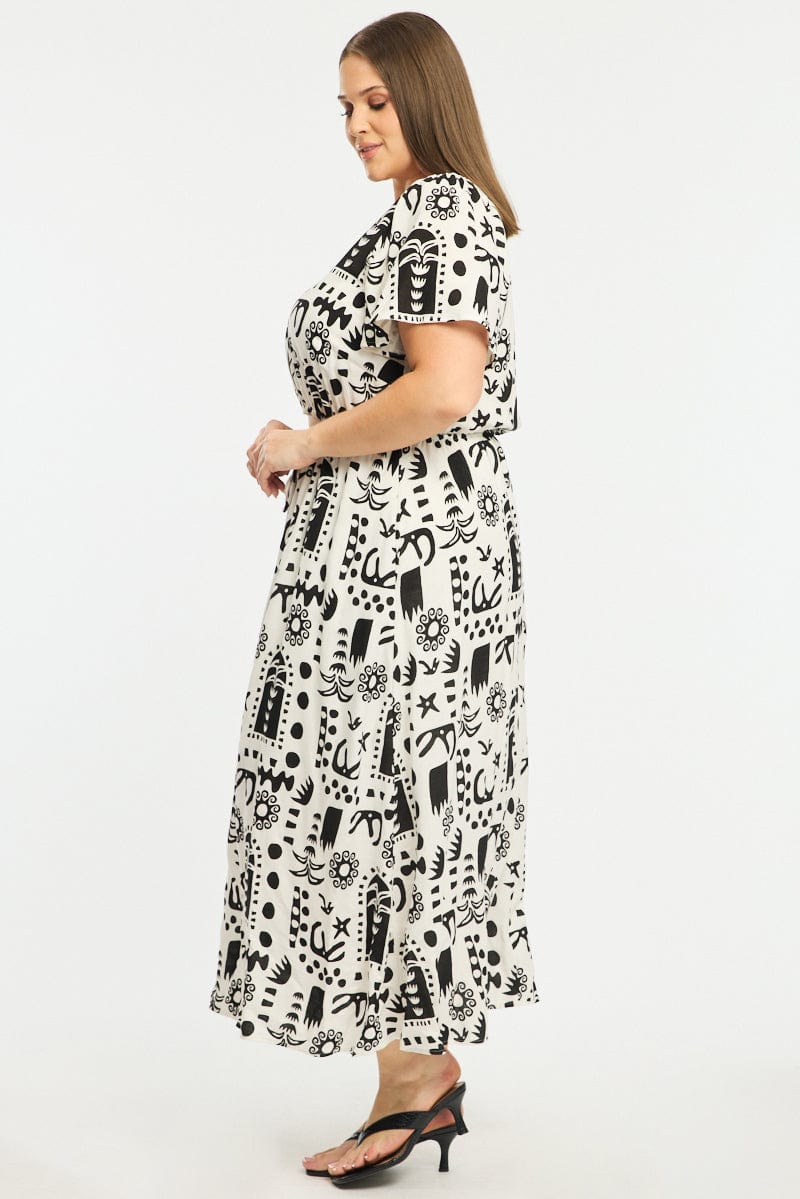 White Abstract Midi Dress Short Sleeve Cut Out Linen Blend - Image 4
