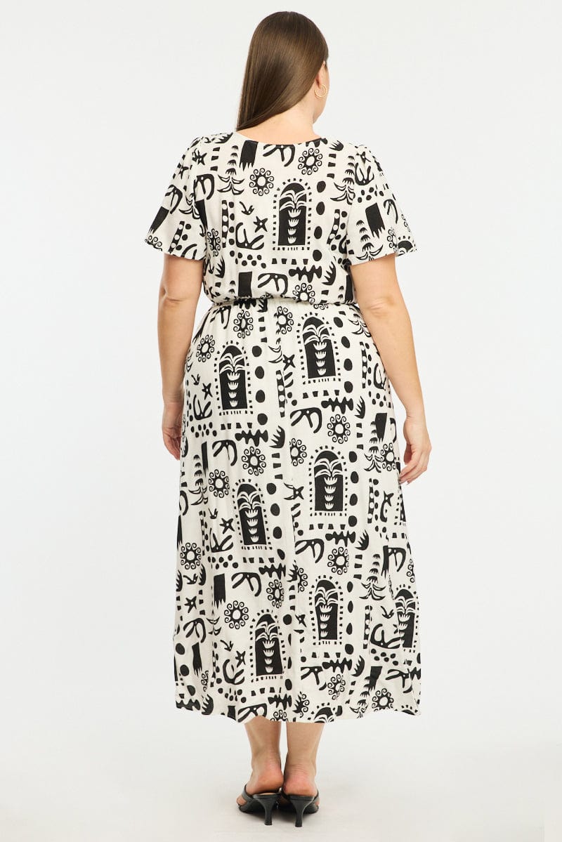 White Abstract Midi Dress Short Sleeve Cut Out Linen Blend - Image 5