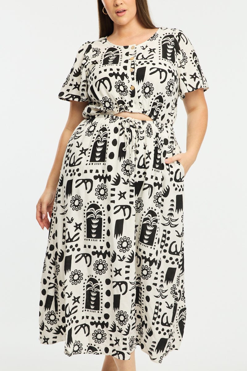 White Abstract Midi Dress Short Sleeve Cut Out Linen Blend - Image 6