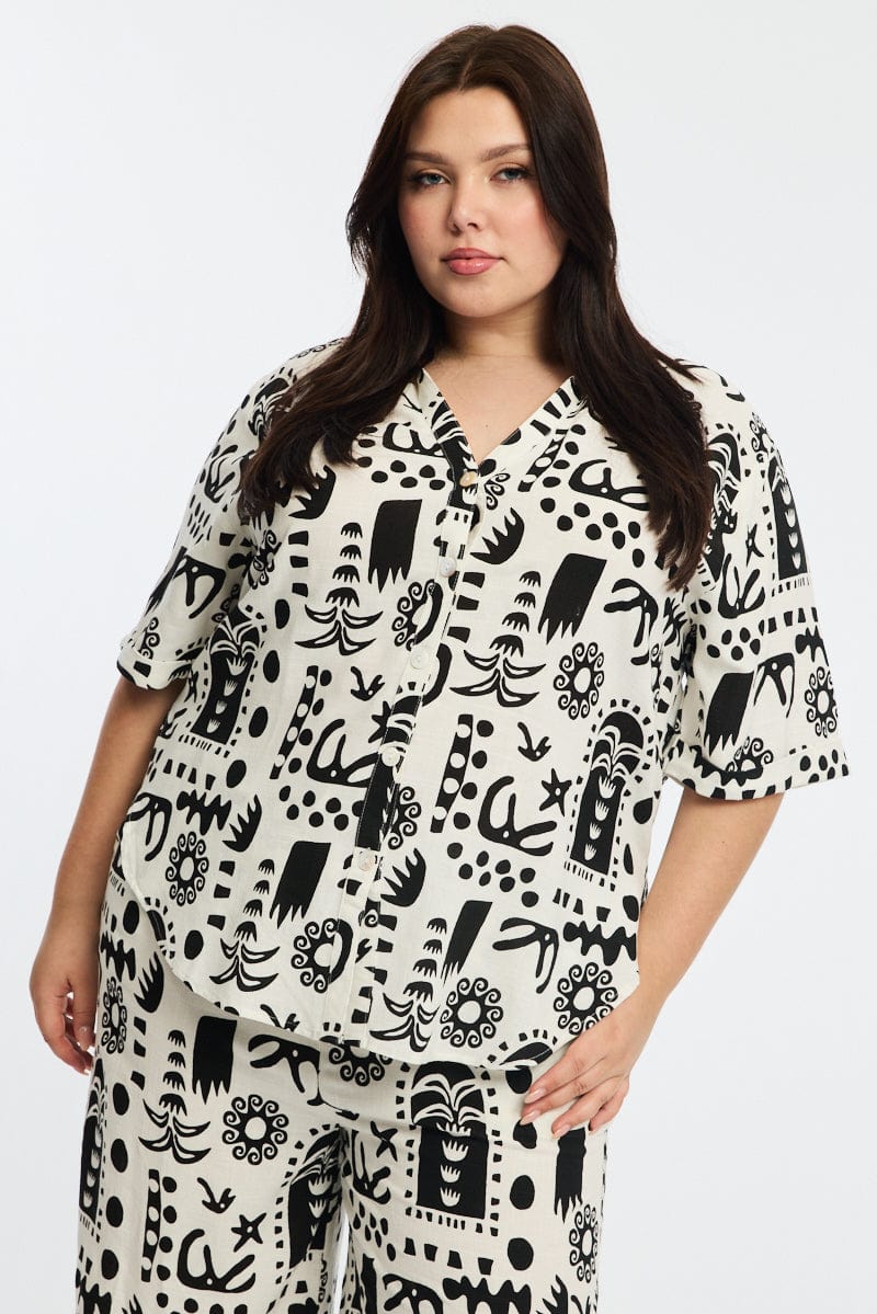 White Abstract Relaxed Shirt Short Sleeve Linen Blend - Image 2