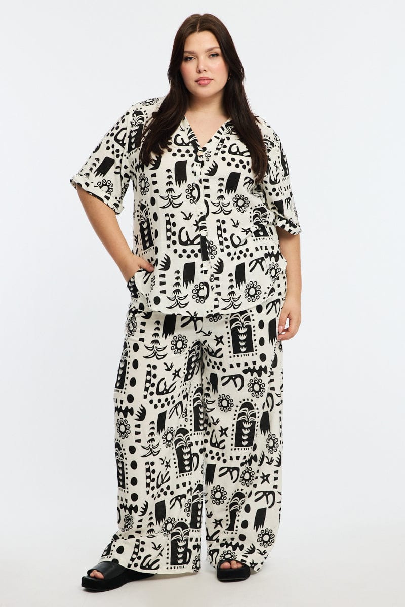 White Abstract Relaxed Shirt Short Sleeve Linen Blend - Image 3