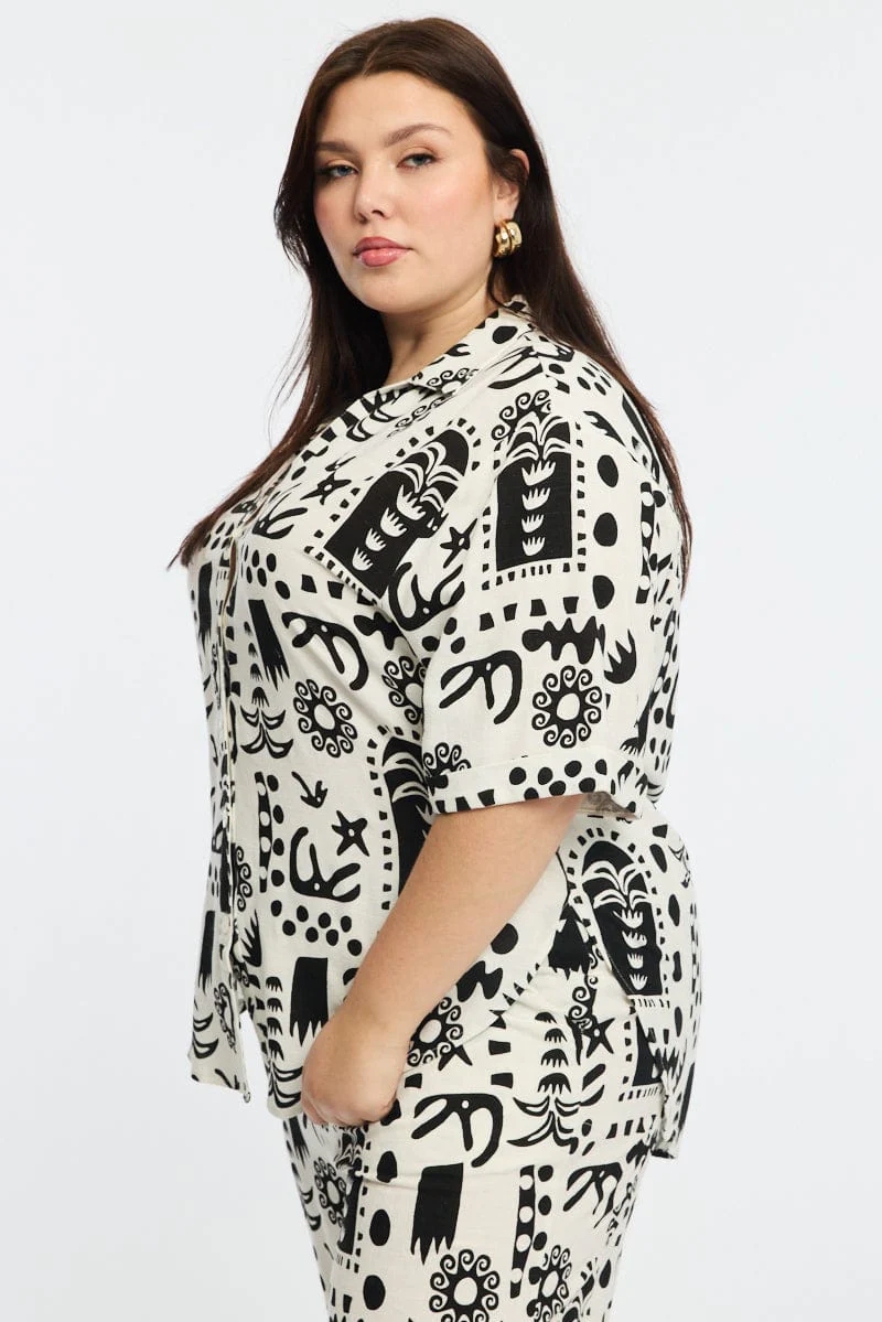 White Abstract Relaxed Shirt Short Sleeve Linen Blend - Image 4