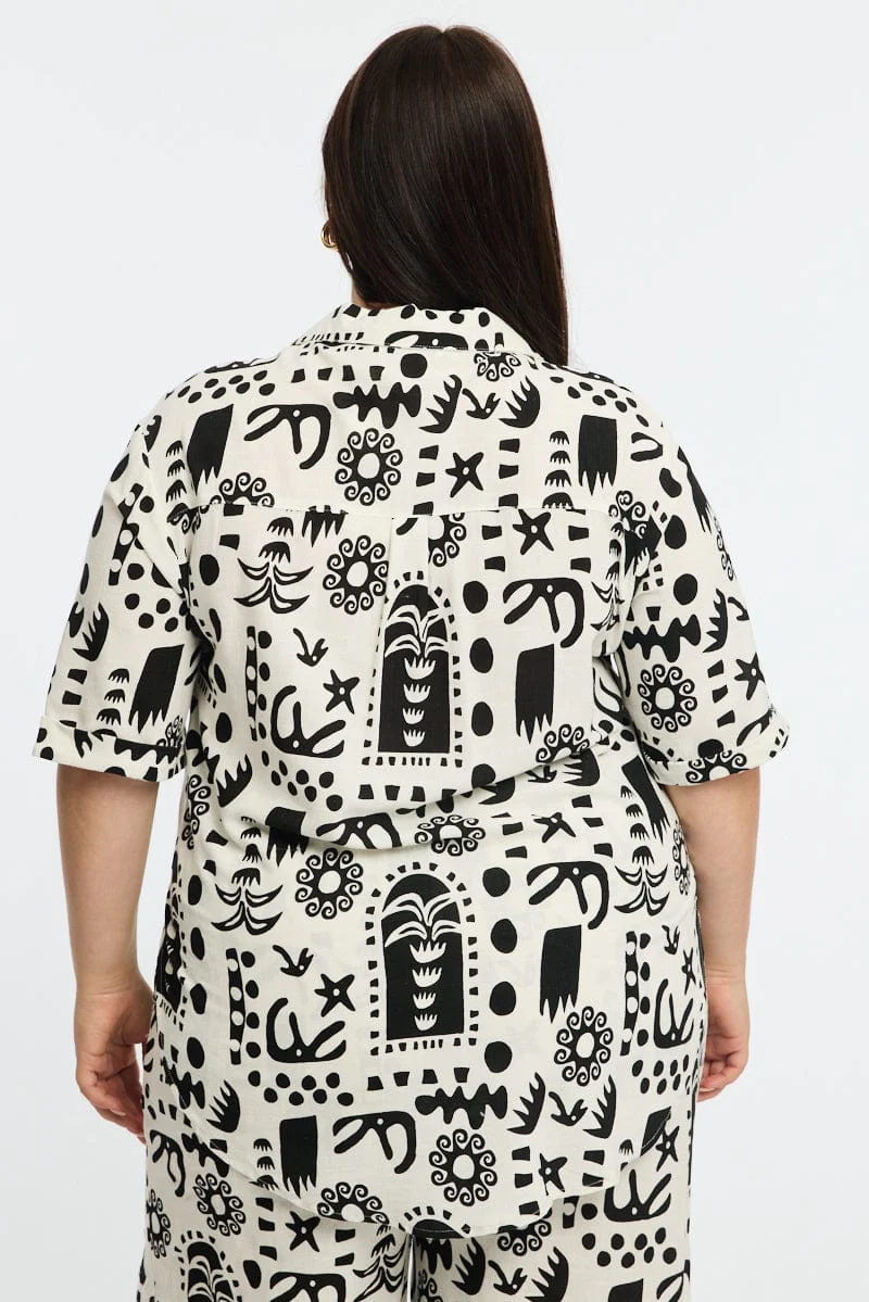White Abstract Relaxed Shirt Short Sleeve Linen Blend - Image 5