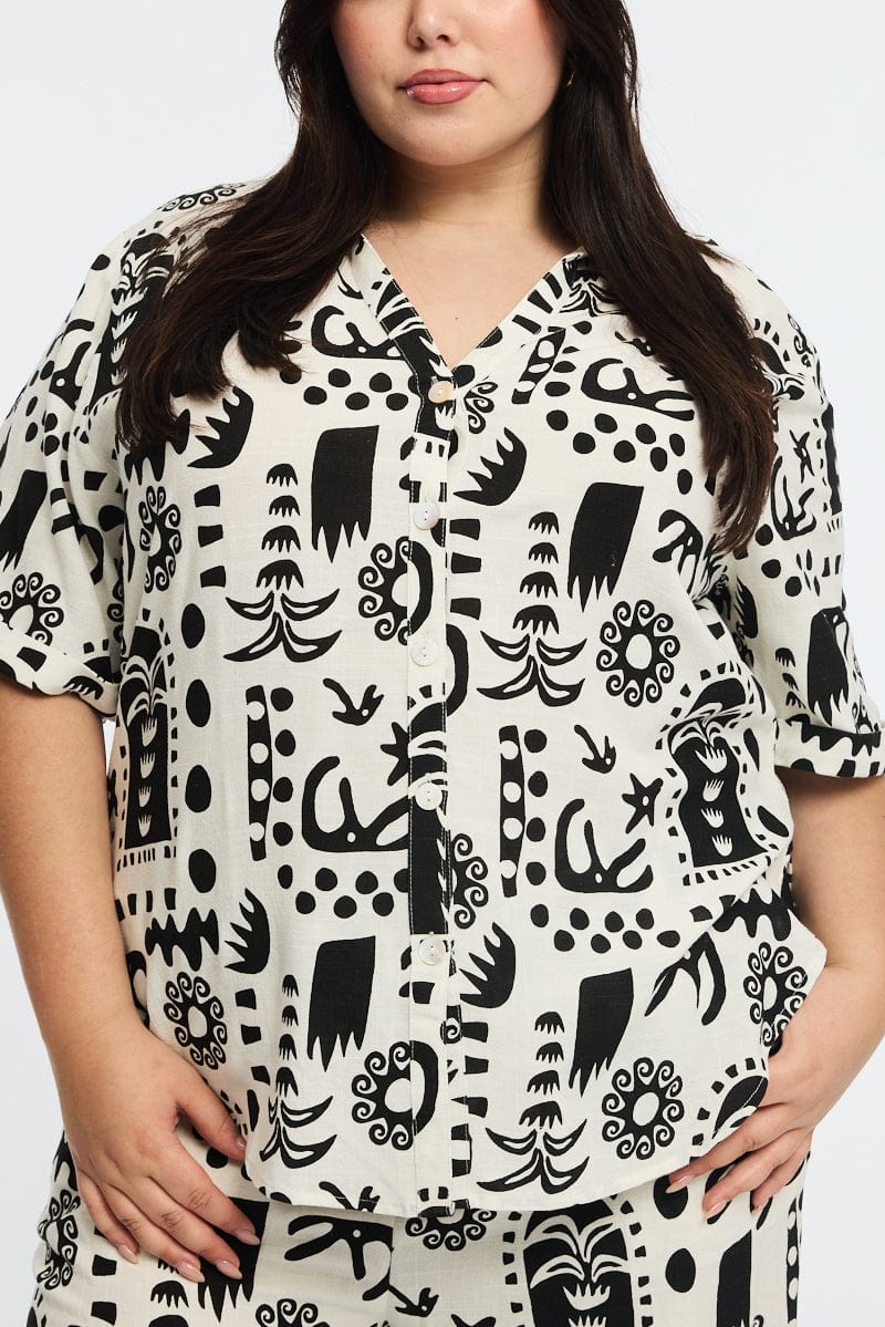 White Abstract Relaxed Shirt Short Sleeve Linen Blend - Image 6