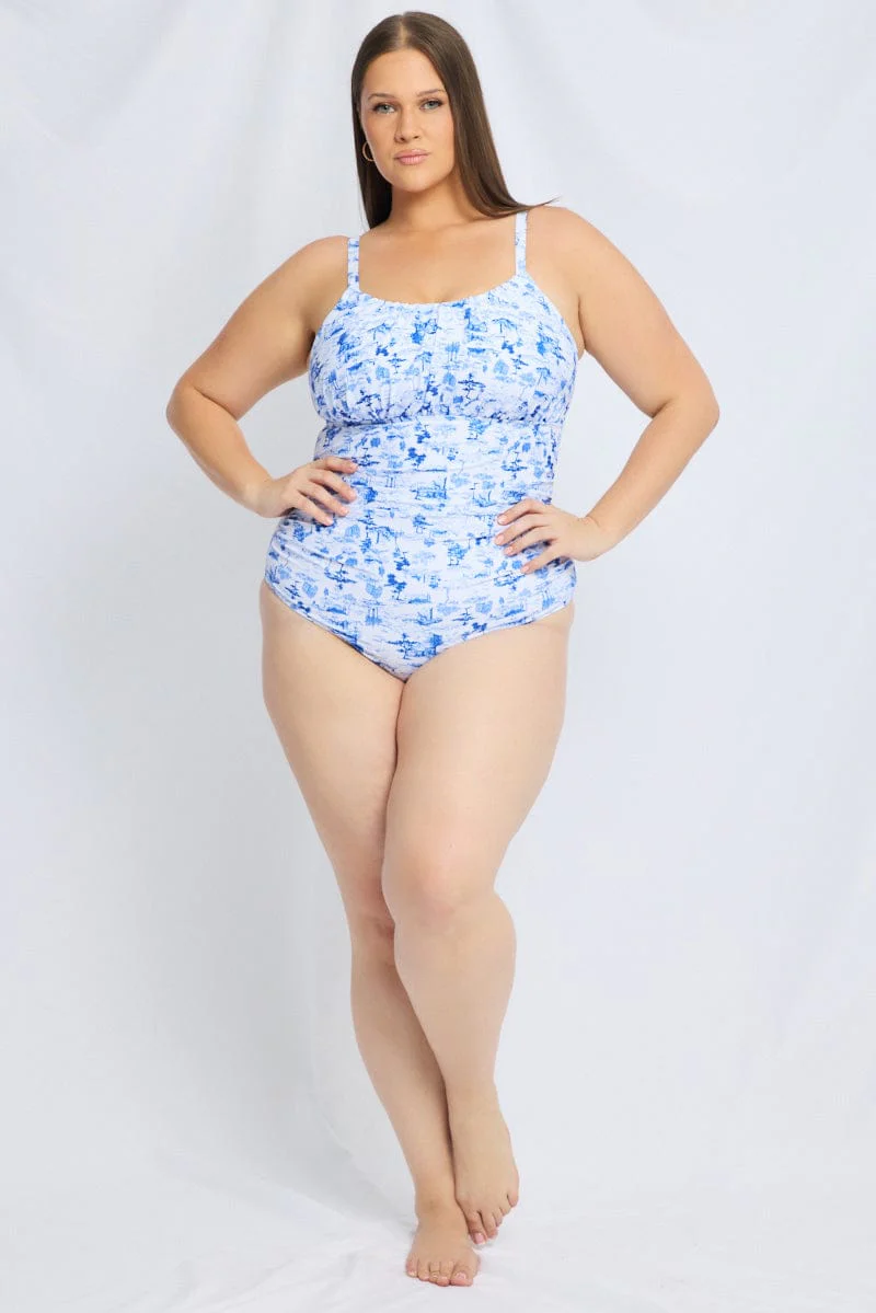 White Abstract Ruched Detail One Piece Swimsuit - Image 2
