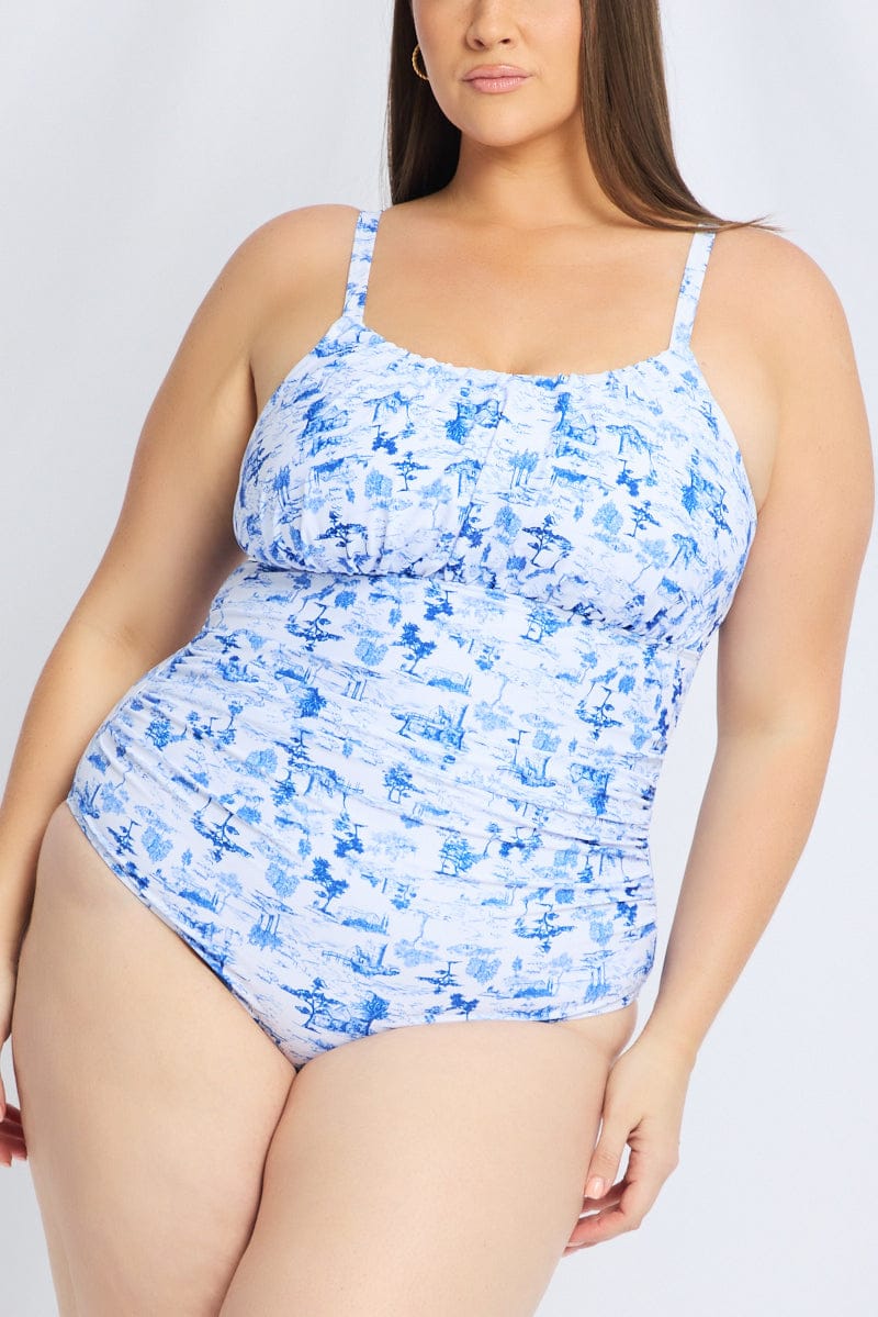 White Abstract Ruched Detail One Piece Swimsuit - Image 6