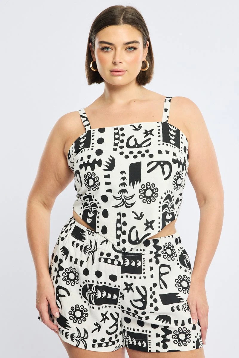 White Abstract Scarf Top Sleeveless