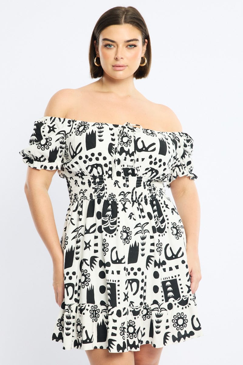 White Abstract Skater Dress Short Sleeve Ruched Bust