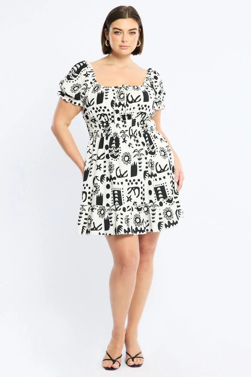 White Abstract Skater Dress Short Sleeve Ruched Bust - Image 2