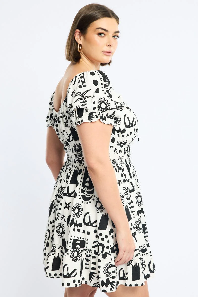 White Abstract Skater Dress Short Sleeve Ruched Bust - Image 3