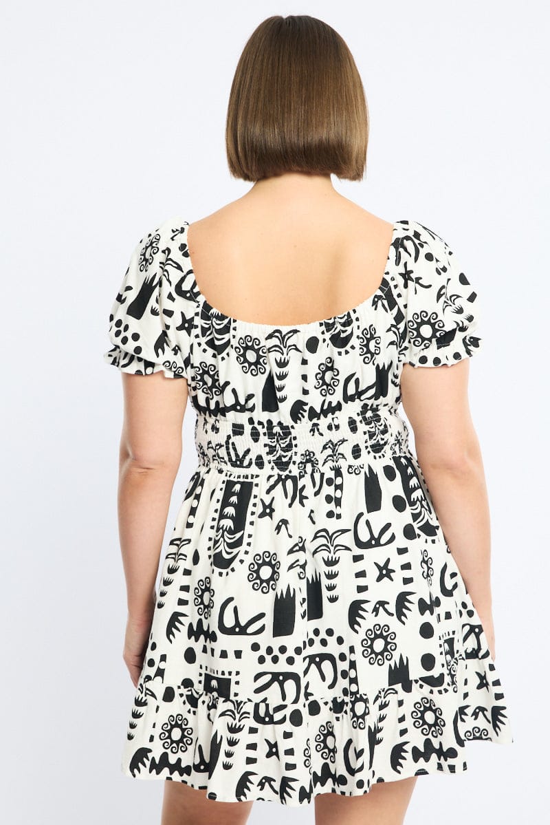 White Abstract Skater Dress Short Sleeve Ruched Bust - Image 4