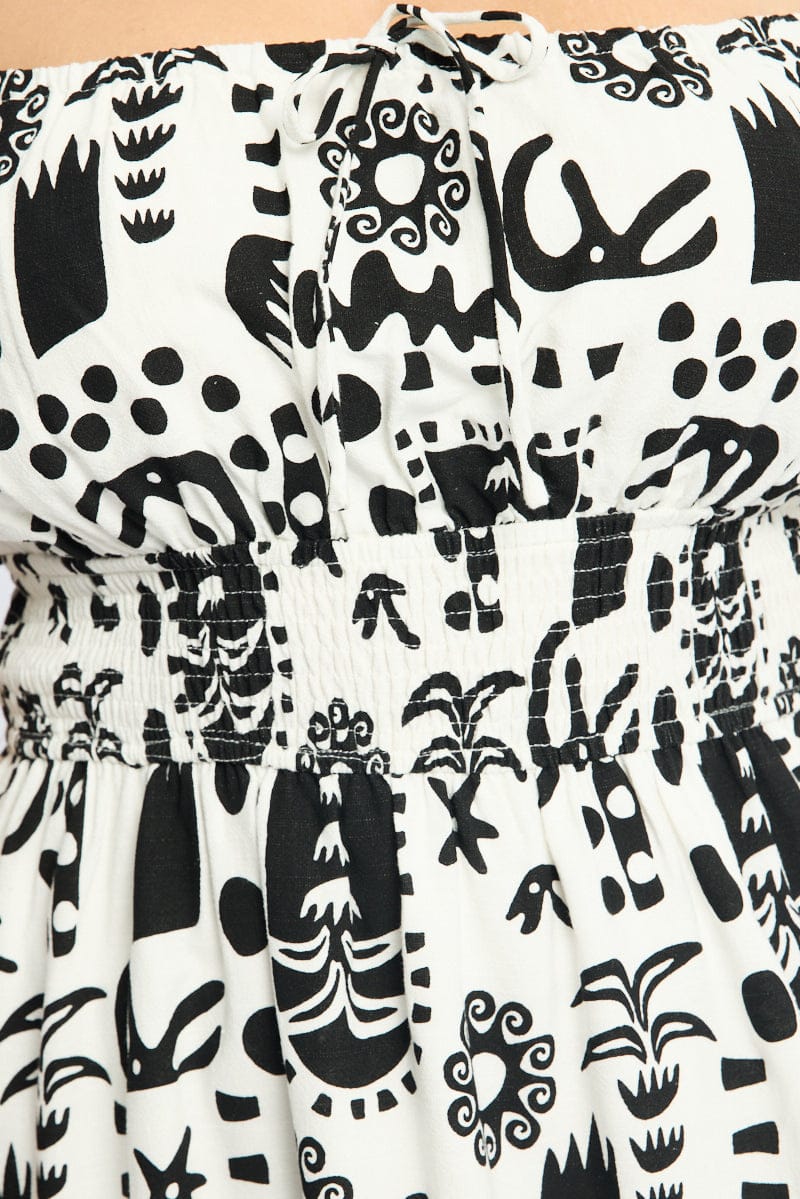 White Abstract Skater Dress Short Sleeve Ruched Bust - Image 5