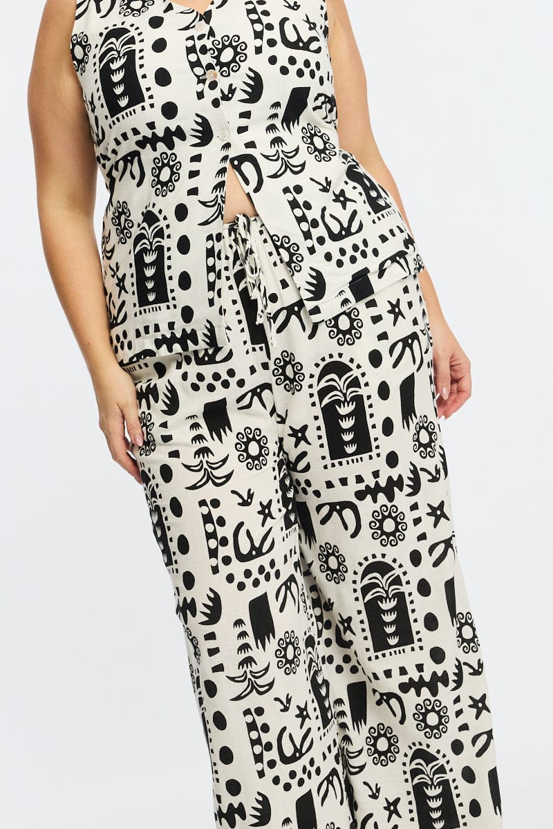 White Abstract Wide Leg Pants Linen Blend - Image 5