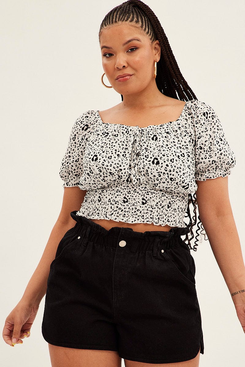 White Animal Print Crop Top Short Sleeve Ruched Bust