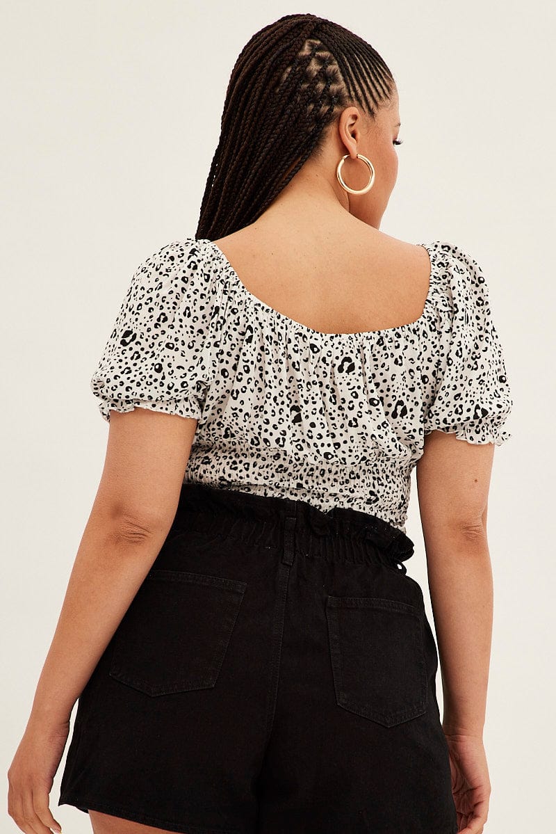 White Animal Print Crop Top Short Sleeve Ruched Bust - Image 5