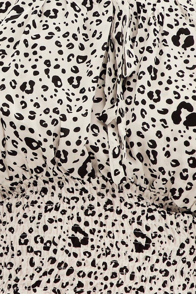White Animal Print Crop Top Short Sleeve Ruched Bust - Image 6