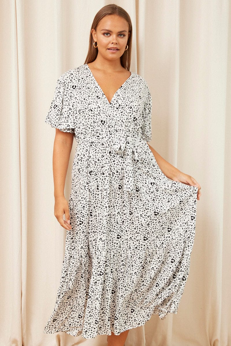 White Animal Print Maxi Dress Short Sleeve Wrap Front Tiered - Image 2