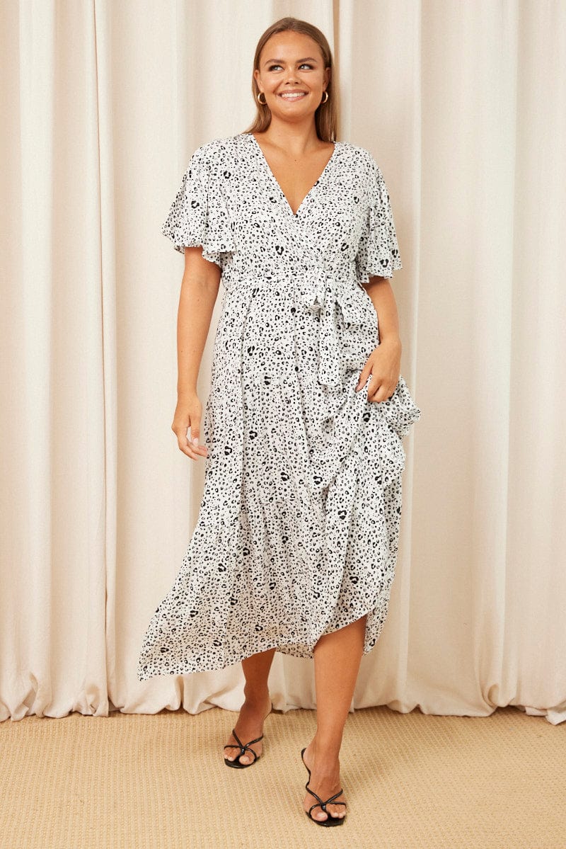 White Animal Print Maxi Dress Short Sleeve Wrap Front Tiered - Image 3