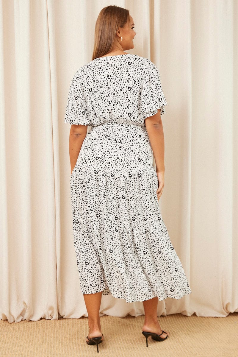 White Animal Print Maxi Dress Short Sleeve Wrap Front Tiered - Image 5