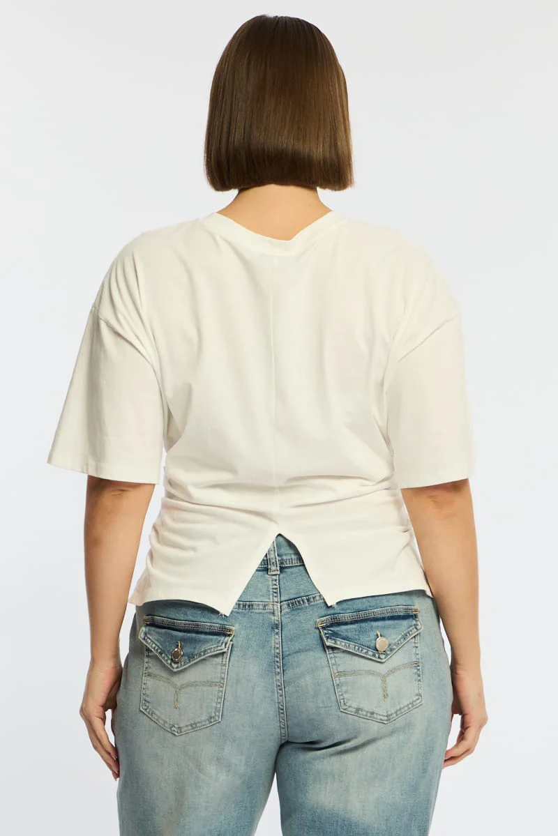 White Bat Wing Top Short Sleeve Side Ruched - Image 6