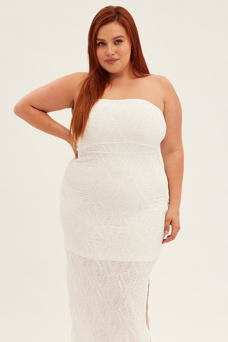 White Bodycon Dress Strapless Midi Textured - Image 2