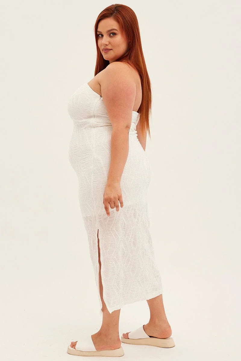 White Bodycon Dress Strapless Midi Textured - Image 4