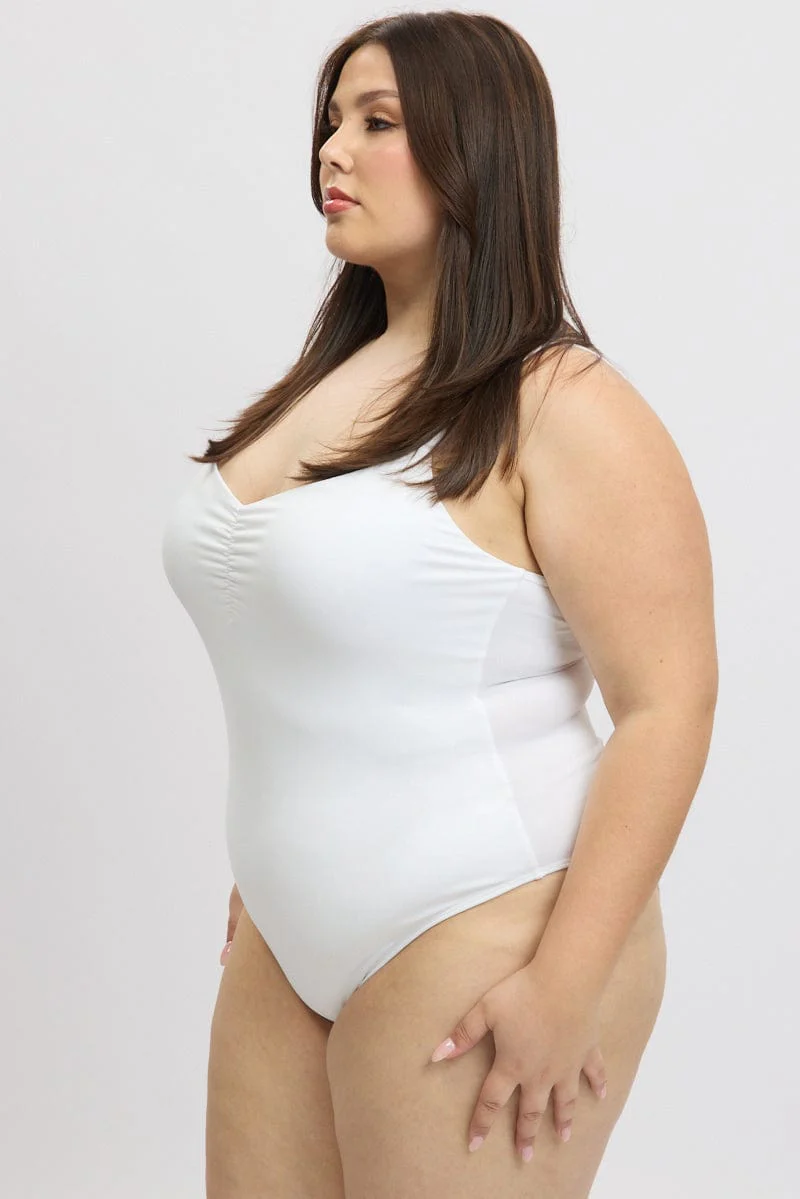 White Bodysuit Singlet Front Ruched Supersoft - Image 5