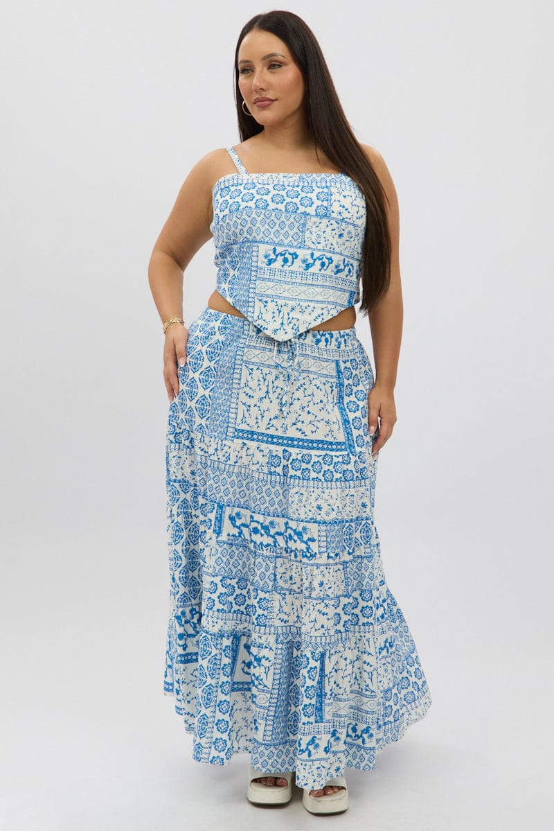 White Boho Elastic Waist Linen Blend Tiered Maxiskirt - Image 3