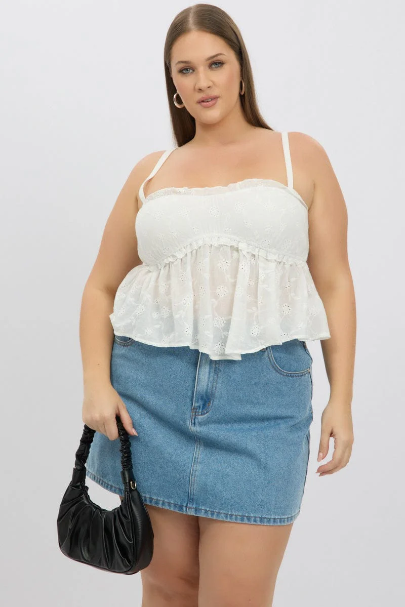 White Broderie Cami Top Ruched Bust