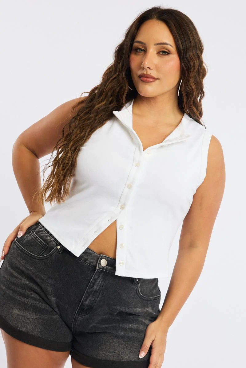 White Button Front Top Sleeveless