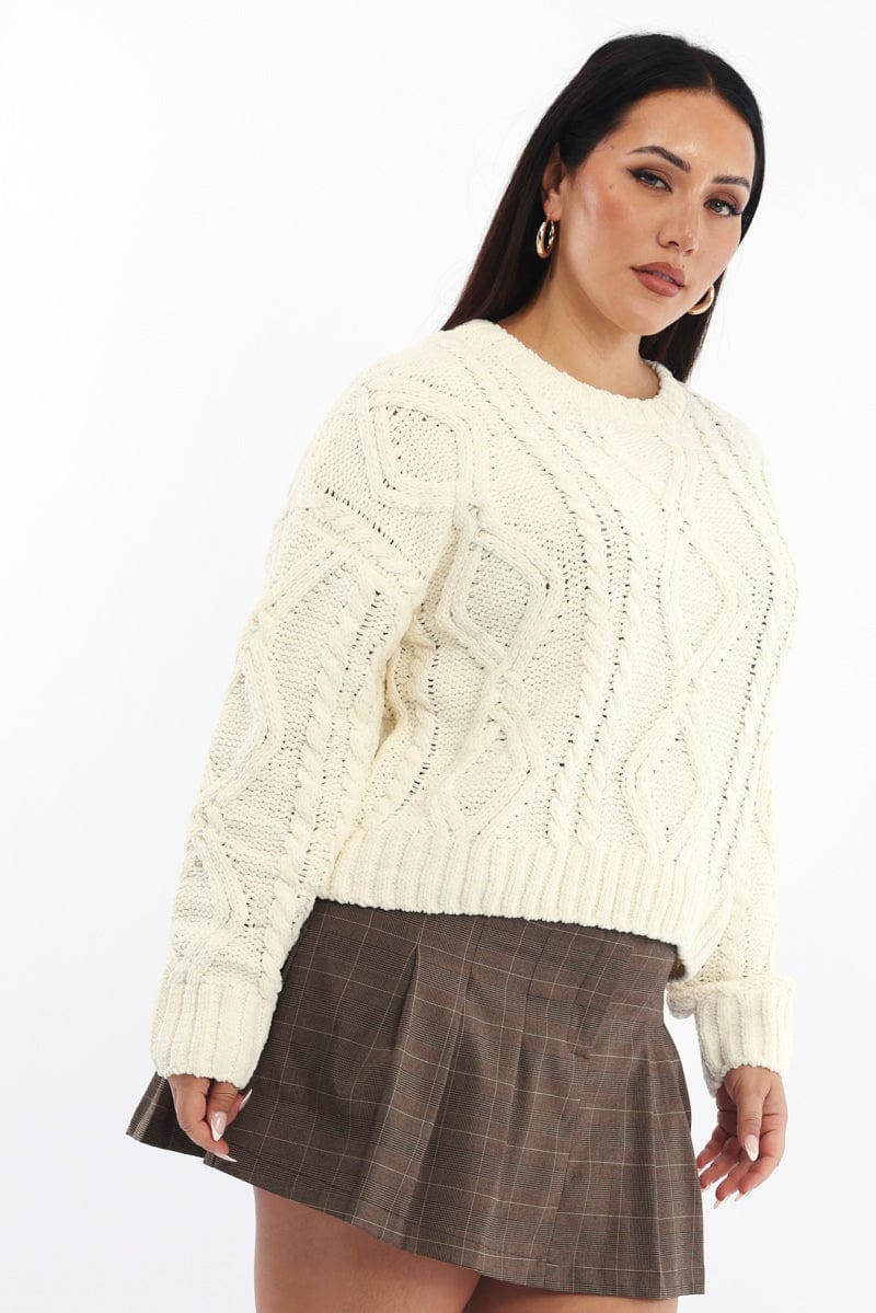 White Cable Knit Jumper Chenille Yarn - Image 3