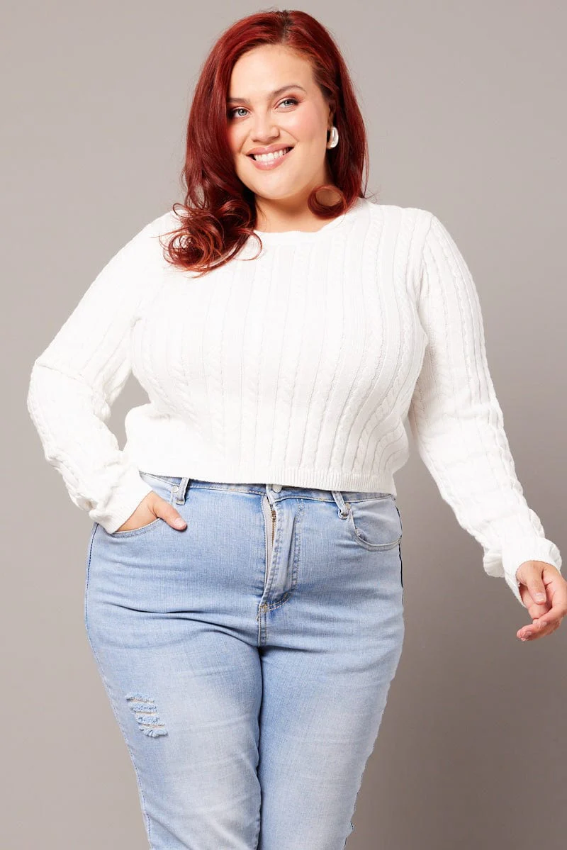 White Cable Knit Top Long Sleeve Crew Neck - Image 2
