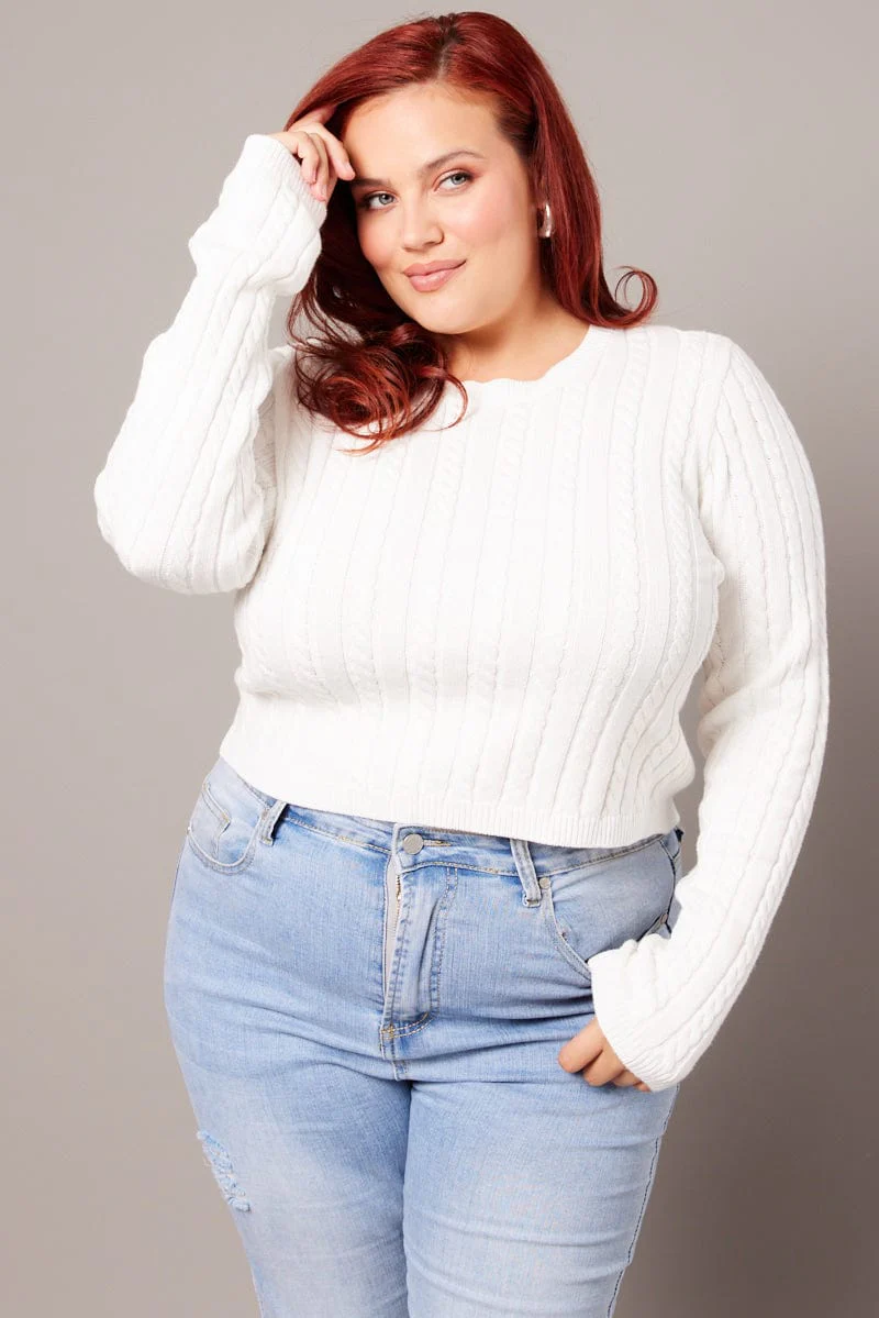 White Cable Knit Top Long Sleeve Crew Neck - Image 3