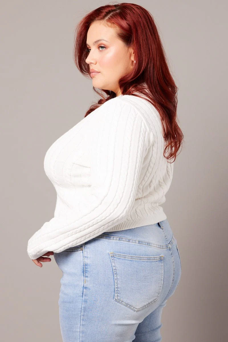 White Cable Knit Top Long Sleeve Crew Neck - Image 4