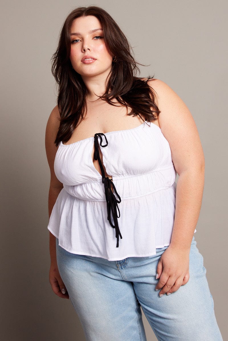 White Cami Top Sleeveless Contrast Ribbon - Image 3