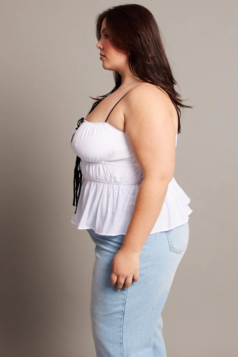 White Cami Top Sleeveless Contrast Ribbon - Image 4