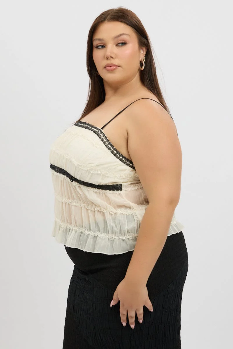 White Cami Top Textured Contrast Ribbon - Image 4