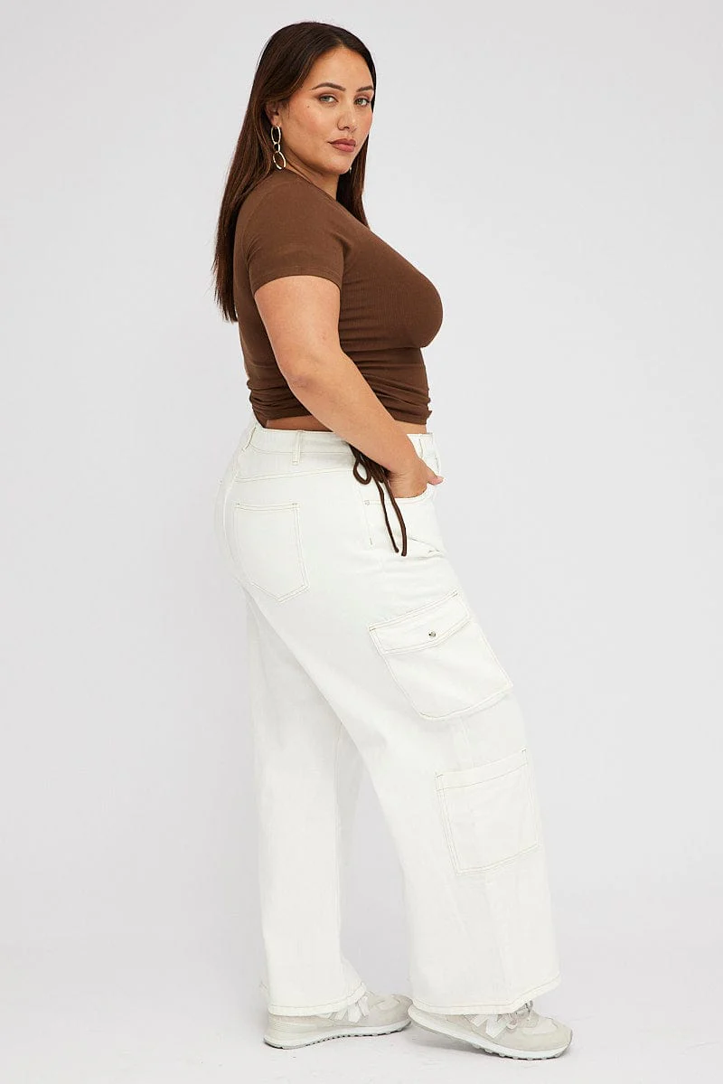 White Cargo Denim Jeans High Rise - Image 4