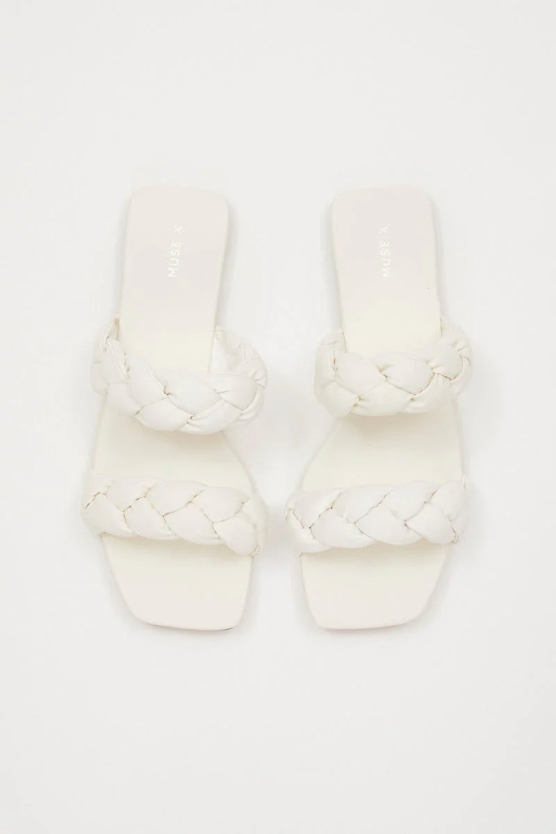 White Cassie Braided Strap Flat Mule Sandal