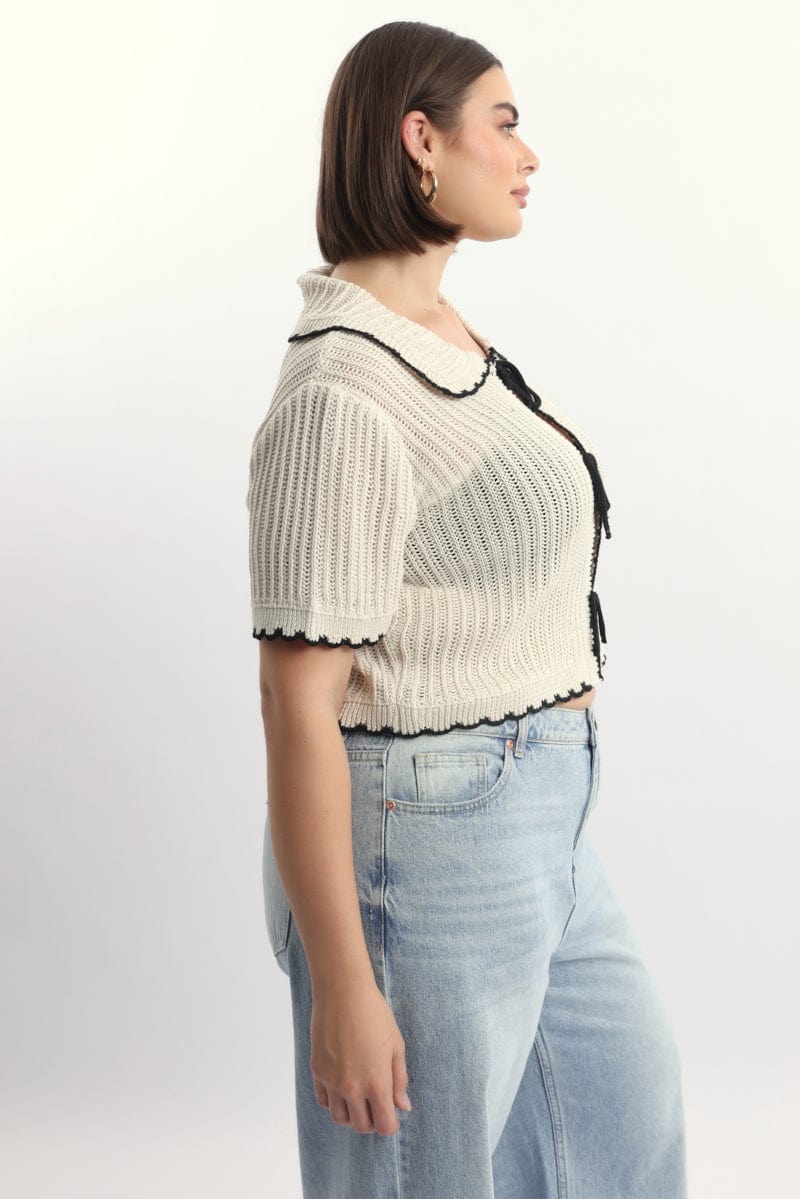 White Collar Knit Cardigan Short Sleeve Tie up - Image 3