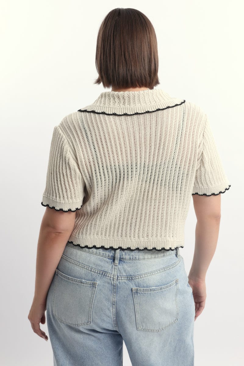 White Collar Knit Cardigan Short Sleeve Tie up - Image 4