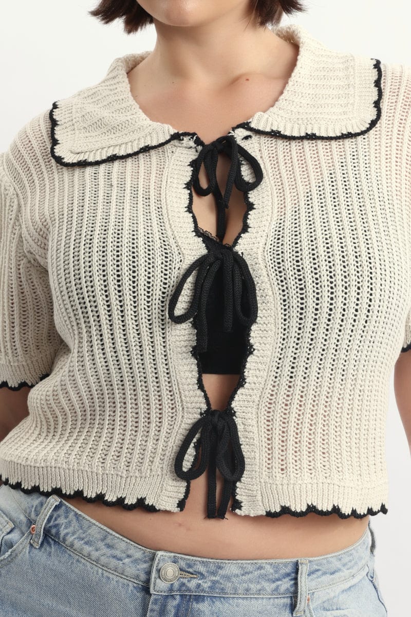 White Collar Knit Cardigan Short Sleeve Tie up - Image 5