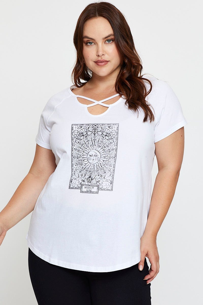 White Cotton T-shirt Lattice Front Raglan Sleeve