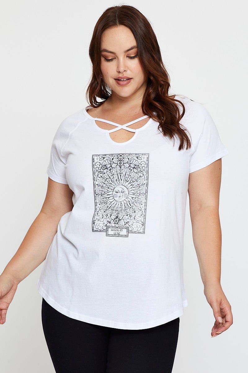 White Cotton T-shirt Lattice Front Raglan Sleeve - Image 3