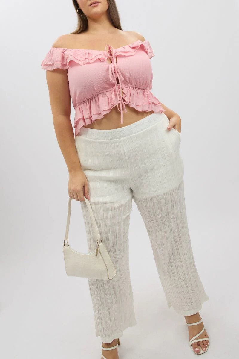 White Crinkle Texture Wide Leg Pants